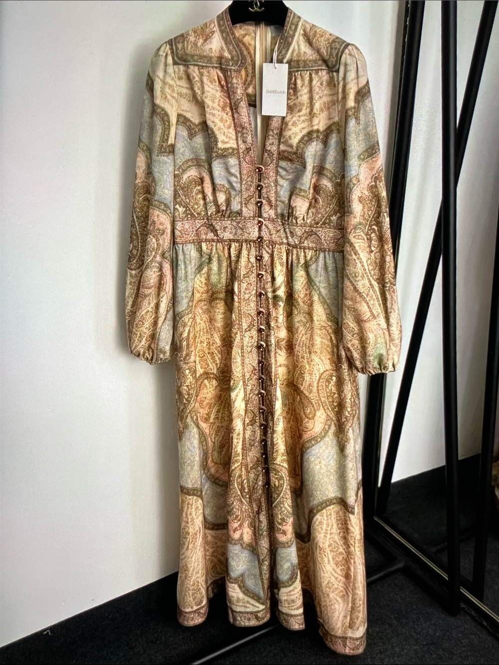 Zimmermann Paisley Button-Front Maxi Dress in Beige and Sage